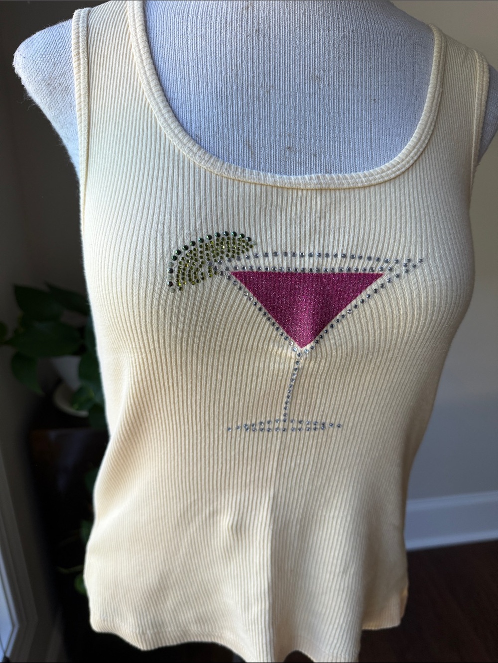 Cream Ribbed Tank Top with Pink Martini Graphic